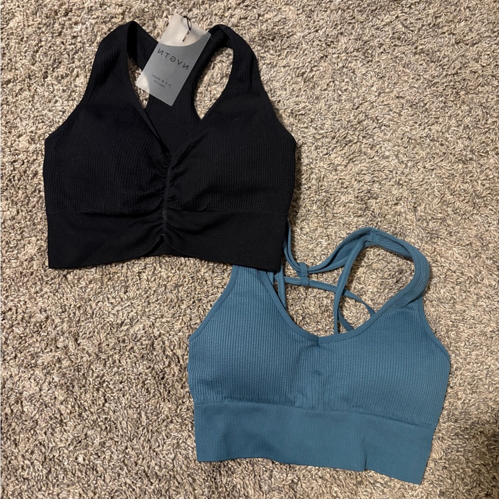 NVGTN Black and Blue Ribbed Sports Bras